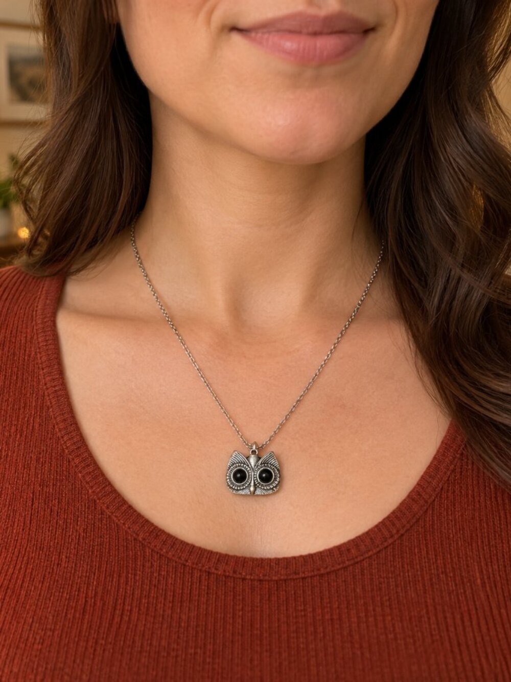ZAD Silver Tone Owl Pendant Necklace Black Eyes Whimsigoth Boho Gothic